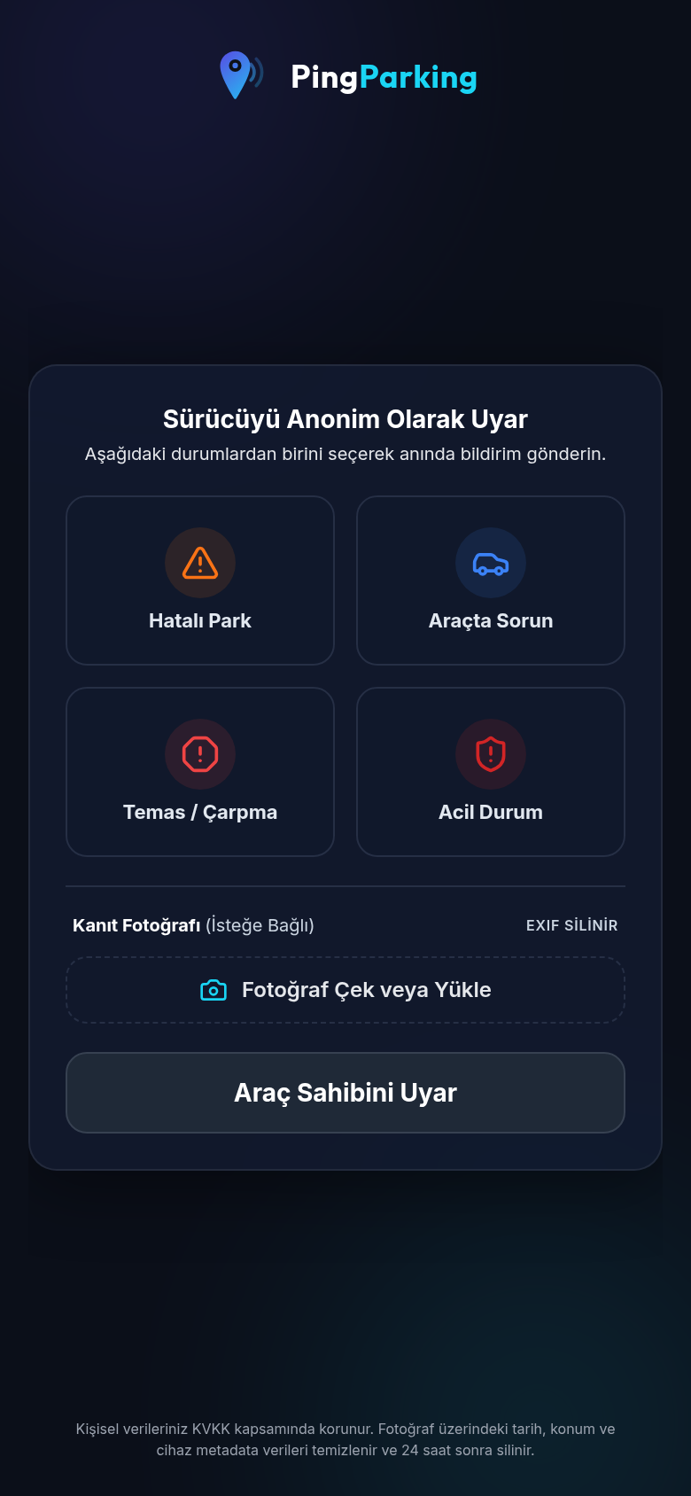 QR taratıldığında açılan anonim uyarı gönderme ekranı
